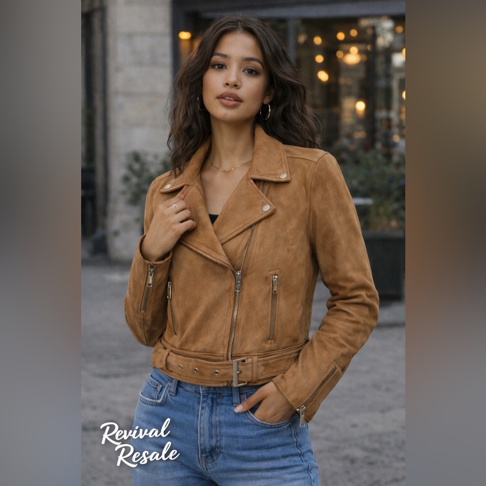 Wildflower Faux Suede Moto Jacket Tan Cropped Belted Edgy‎ Size S